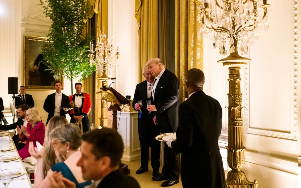 President Donald J. Trump and First Lady Melania Trump host a state dinner for King Charles III and Queen Camilla of the UK, April 28, 2026. (White House)
