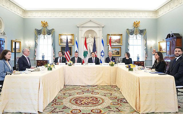 Secretary Marco Rubio joins working-level peace talks with Israeli Ambassador to the United States Yechiel Leiter and Lebanese Ambassador to the United States Nada Hamadeh Moawad at the Department of State in Washington, D.C., April 14, 2026. (Official State Department photo by Freddie Everett)
