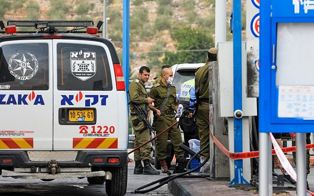 The aftermath of a terrorist attack at a gas station near Ariel, in the West Bank, on November 15, 2022. (Jamal Awad/Flash90 / via Times of Israel)