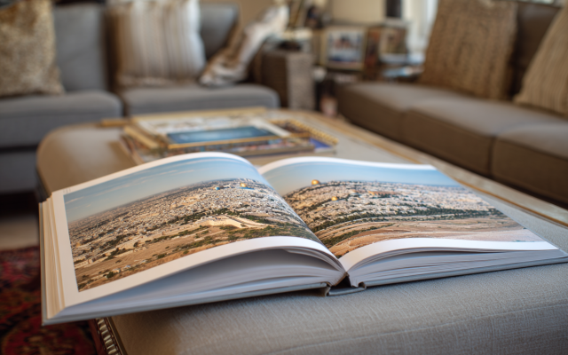 A coffee table book open on a table. (AI)
