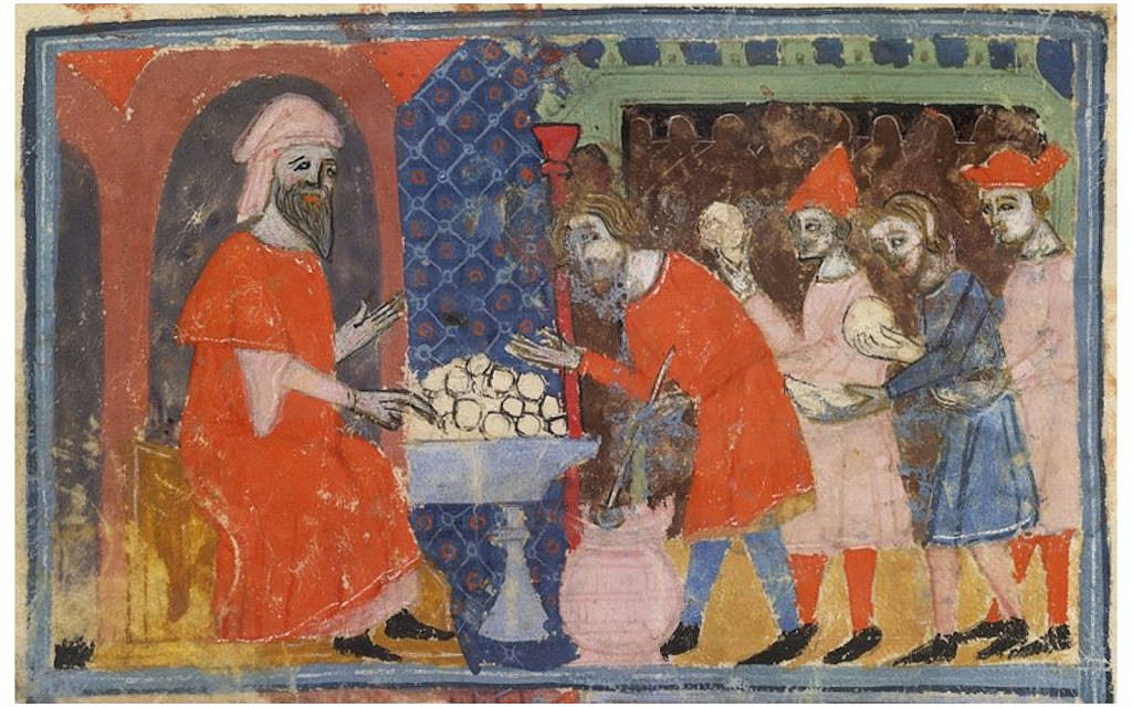 'Let all who are hungry...': A host distributes the matzah and haroset in an illustration from the 14th-century 'Sister Haggadah' from Barcelona. (British Library/Wikimedia Commons)