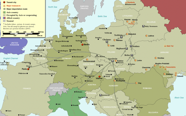 A map of the Holocaust in Europe. (Credit: Dennis Nilsson via Wikipedia.)