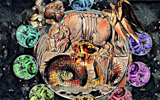 Looking into Malkhut; image composed, colorized and modified by the author, all layers obtained from Wikimedia Commons from the image, Blake - Behemoth and Leviathan 1826, in the public domain.