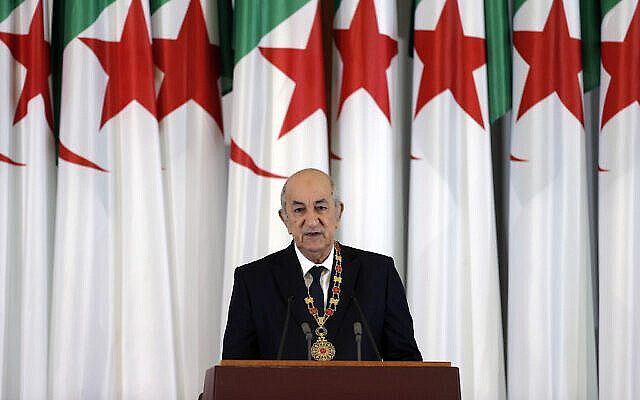 FILE - Algerian president Abdelmadjid Tebboune delivers a speech during an inauguration ceremony in the presidential palace, in Algiers, Algeria, on Dec. 19, 2019. Algeria's president announced on Thursday July 11, 2024 that he intends to run for a second term in office, five years after ascending to power as the military and establishment-backed candidate amid widespread pro-democracy street protests. (AP Photo/Toufik Doudou, File) FILE - Algerian president Abdelmadjid Tebboune delivers a speech during an inauguration ceremony in the presidential palace, in Algiers, Algeria, on Dec. 19, 2019. Algeria's president announced on Thursday July 11, 2024 that he intends to run for a second term in office, five years after ascending to power as the military and establishment-backed candidate amid widespread pro-democracy street protests. (AP Photo/Toufik Doudou, File)