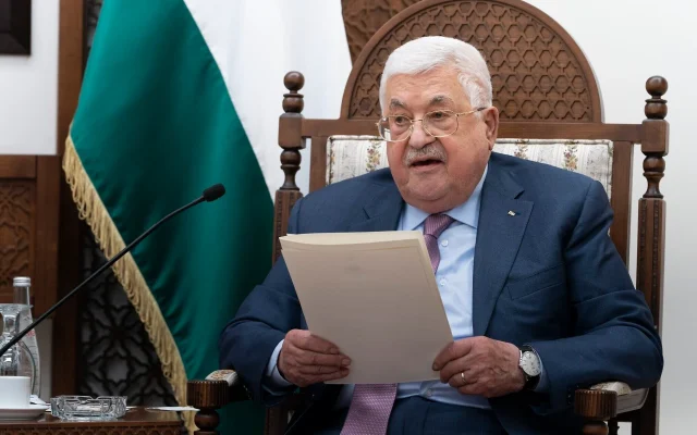 Palestinian Authority President Mahmoud Abbas speaks as he meets with US Secretary of State Antony Blinken, March 27, 2022, in the West Bank city of Ramallah. (AP/Jacquelyn Martin)