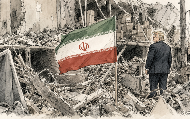 AI generated image of Donald Trump looking back at the flag of Iran amidst rubble in Tehran.