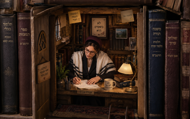 A rabbi, who looks surprisingly similar to my wife, hard at work on her sermon from within her book dwelling