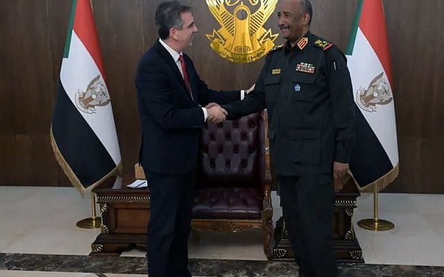 Israeli Foreign Minister Eli Cohen meets with the President of Sudan's Transitional Sovereign Council, General Abdel Fattah al-Burhan, in Khartoum, Sudan, on February 2, 2023. (Photo: Shlomi Amsalem / GPO)