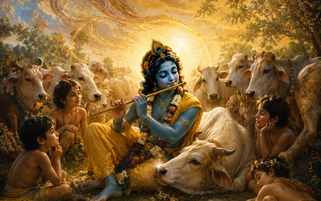 Krishna and Cowherd. AI Image. (Credit: ChatGPT)