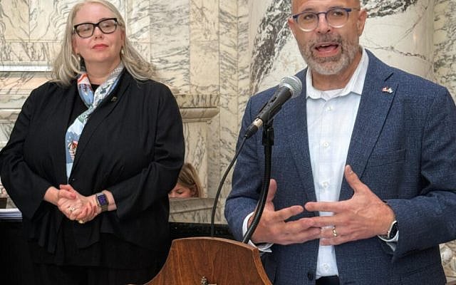 B.C. Solicitor General Nina Krieger and Rabbi Dan Moskovitz, marking Jewish Heritage Month for the first time at the B.C. Legislature, May 27, 2026. (Credit: Jaime Stein)