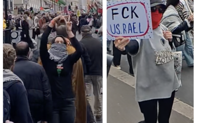 Two female protesters with faces covering, offending in the vicinity of police and counter-protesters with Israeli flags. (courtesy)