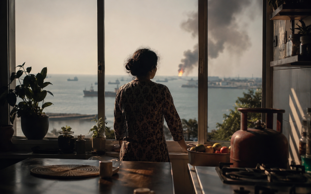 Conceptual illustration: A woman stands inside her kitchen overlooking a tense maritime horizon, symbolizing how distant geopolitical conflicts and energy disruptions increasingly shape the intimate realities of everyday Indian life. Image: AI-generated using OpenAI tools (Free for commercial use).