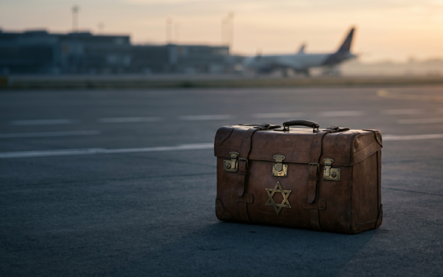 A vintage suitcase bearing the Star of David rests on an airport runway at dawn, symbolizing the end of a 2,700 year exile for the Bnei Menashe.