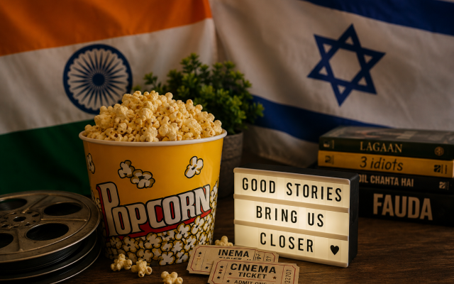 Conceptual illustration: A popcorn bucket placed between the flags of India and Israel alongside Bollywood and Israeli cinema references, representing the growing cultural exchange between the two societies through film, storytelling, and shared memory. Image: AI-generated using OpenAI tools (Free for commercial use).