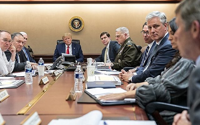 in the Situation Room of the White House, on a further meeting about the Islamic Republic of Iran missile attacks on U.S. military facilities in Iraq. (Official White House Photo by Shealah Craighead)
