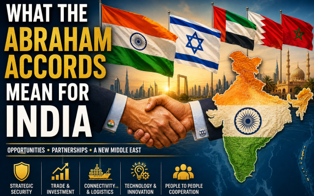 Conceptual illustration: The flags of India, Israel, and Gulf nations appear above a symbolic diplomatic handshake, representing the growing strategic, economic, and geopolitical impact of the Abraham Accords on India and the wider Middle East. Image: AI-generated using OpenAI tools (Free for commercial use).
