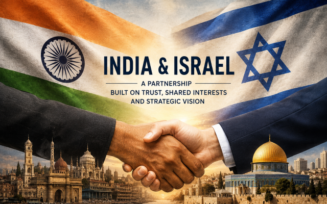 Conceptual illustration: Indian and Israeli flags displayed alongside a symbolic diplomatic handshake, representing the growing strategic and geopolitical partnership between India and Israel. Image: AI-generated using OpenAI tools (Free for commercial use). Conceptual illustration: Indian and Israeli flags displayed alongside a symbolic diplomatic handshake, representing the growing strategic and geopolitical partnership between India and Israel. Image: AI-generated using OpenAI tools (Free for commercial use).