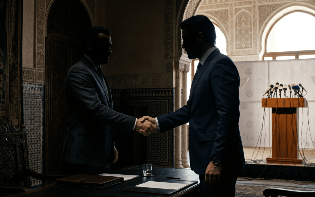 Conceptual illustration: Two figures engage in a discreet handshake within the dark shadows of an opulent palace antechamber, standing in stark contrast to the brightly lit, empty press podium behind them, symbolizing the hidden realities and quiet deals that drive high stakes geopolitical diplomacy away from the public eye. Image: AI generated (Google).