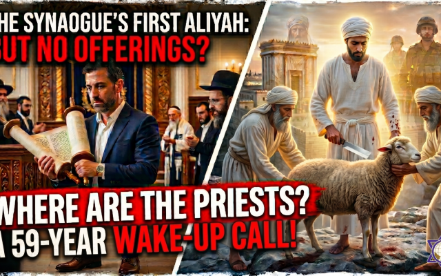 A juxtaposition of a Kohen receiving the first aliyah in a modern synagogue (left) versus the practical, barefoot preparation for sacrifice (avodah) in the Temple courtyard (azarah) (right). / Image generated using AI