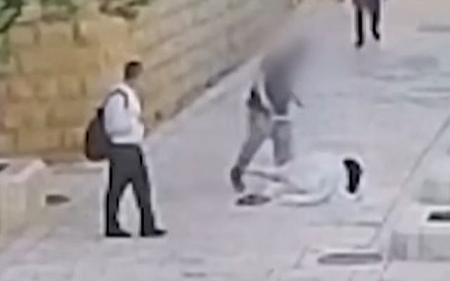 Still from footage that shows a nun being assaulted by a man in Jerusalem on April 28, 2026, released by the police two days later. (Israel Police)
