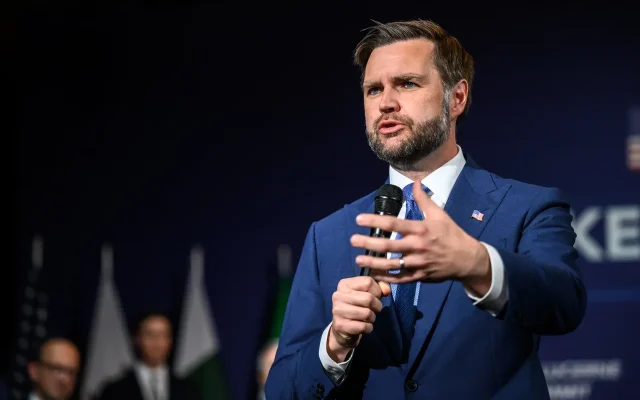 US Vice President JD Vance speaks during the US-Iran negotiations at the Burgenstock resort in Switzerland, June 21, 2026. The meeting was part of a historic round of direct face-to-face talks between senior US and Iranian officials. (AP)