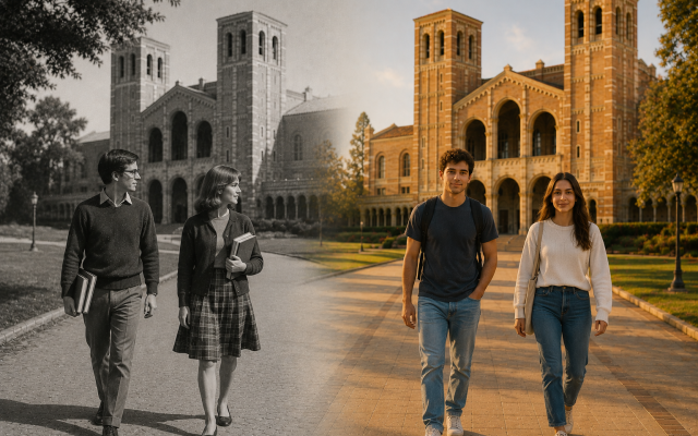 More than half a century separates these students, but the challenge of sustaining the relationship between Israel and American Jewry spans generations. (Illustration by ChatGPT)