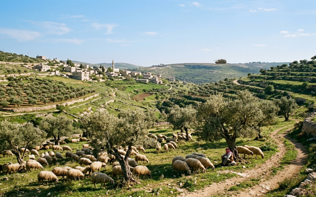 A Palestinian landscape and an Israeli tank in the distant background (Gemini- generated image)