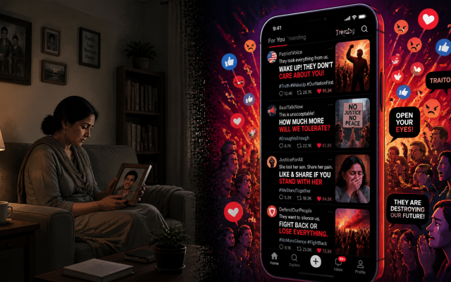 Illustrative. Grief in a living room. Outrage on a screen. How media and algorithms turn private loss into public grievance. Created by the author.