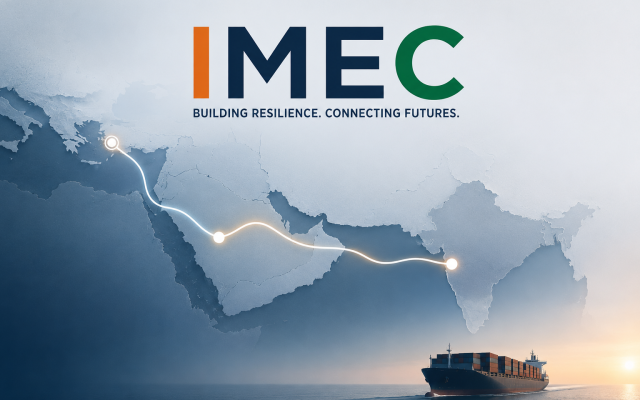 Conceptual illustration: A minimalist map traces the India-Middle East-Europe Economic Corridor (IMEC) from India across the Arabian Gulf to the Mediterranean, with a cargo vessel navigating the foreground. The image symbolizes India's push to diversify trade routes, strengthen supply chain resilience, and reduce dependence on vulnerable maritime chokepoints amid growing geopolitical uncertainty. Image: AI-generated (Google).
