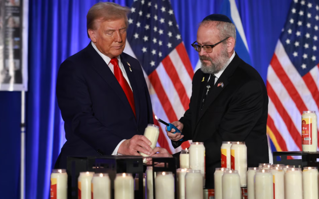 Rabbi Yehuda Kaploun, shown with President Donald Trump during an October 7 remembrance event in 2024, was confirmed by the US Senate as the Special Envoy to Monitor and Combat Antisemitism on December 18, 2025. (Joe Raedle/Getty Images)
