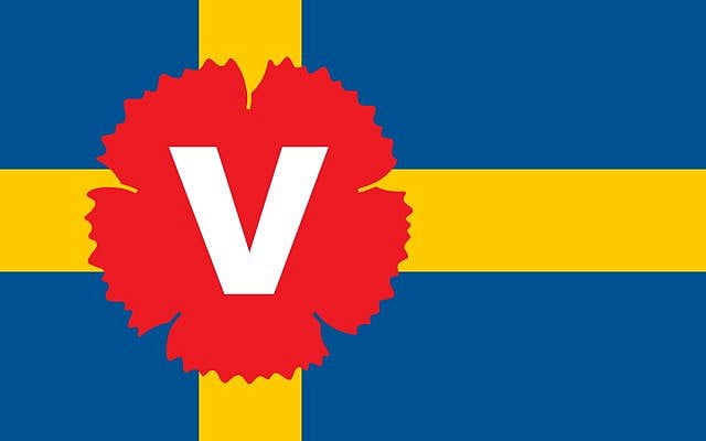 The Left Party logotype against the Swedish flag. Both available on Wikipedia without copyright protection.