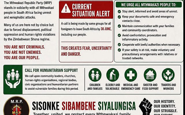 Mthwakazi Republic Party solidarity and safety notice, June 14, 2026.
Source: https://www.facebook.com/MthwakaziMRP1/posts/pfbid02v5sUAg2qD3jBTgLHtt7wpKeLptm2SHE4x8QB2SskDFQ5hxezDZonSvBT8qTNsxrEl Mthwakazi Republic Party solidarity and safety notice, June 14, 2026.
Source: https://www.facebook.com/MthwakaziMRP1/posts/pfbid02v5sUAg2qD3jBTgLHtt7wpKeLptm2SHE4x8QB2SskDFQ5hxezDZonSvBT8qTNsxrEl