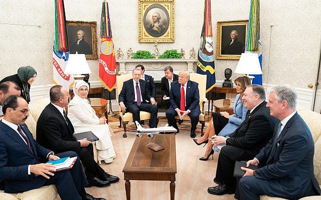 President Donald J. Trump and First Lady Melania Trump meet with Turkish President Recep Tayyip Erdogan and his wife Mrs. Emine Erdogan Wednesday, Nov. 13, 2019, in the Oval Office of the White House. (Official White House Photo by Shealah Craighead). Wikimedia Common.