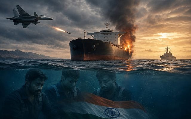 Conceptual illustration: A merchant vessel engulfed in flames in the Gulf of Oman symbolizes the human cost of escalating geopolitical tensions and military actions at sea. Image: AI-generated (free for commercial use).