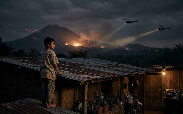 An illustration inspired by childhood memories of watching the Salvadoran Civil War from the rooftop of a family home in San Jorge, El Salvador.