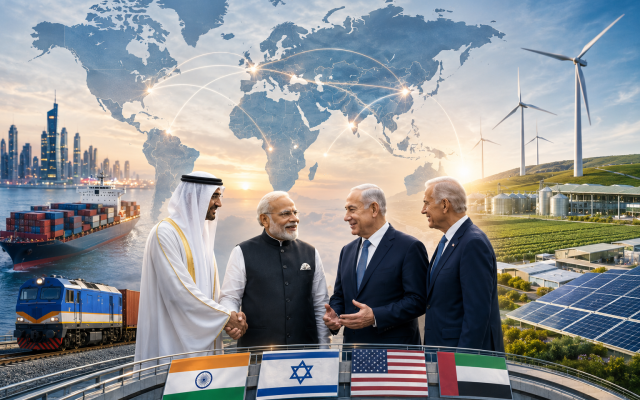 Conceptual illustration: Leaders from India, the UAE, Israel, and the United States stand before a digitally connected map linking the Indo-Pacific, Middle East, and Europe, surrounded by cargo ships, rail networks, renewable energy infrastructure, and modern agricultural facilities. The image represents the convergence of the India-Middle East-Europe Economic Corridor (IMEC), the I2U2 partnership, and emerging free trade agreements aimed at strengthening supply chains, expanding cross-regional commerce, and enhancing India's role as a strategic bridge between Asia, the Middle East, and Europe. Image: AI generated (Google).