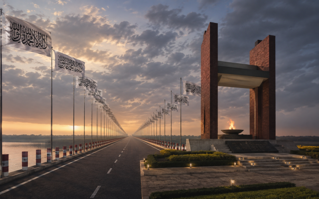 AI-generated symbolic illustration by Purna Lal Chakma, inspired by real media coverage and viral social media imagery, representing Bangladesh’s struggle over public space, religious majoritarian pressure, and the memory of the 1971 Liberation War, symbolized by the Eternal Flame.