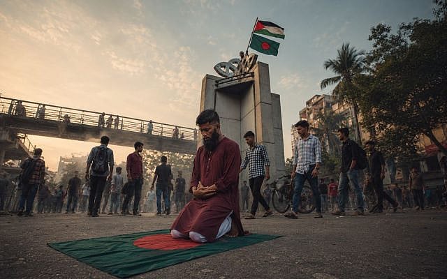 Illustrative AI-assisted editorial image inspired by widely circulated visuals from Bangladesh, exploring Islamist mobilisation, Palestinian symbolism, and the debate over national identity; AI-assisted editorial illustration by Purna Lal Chakma.