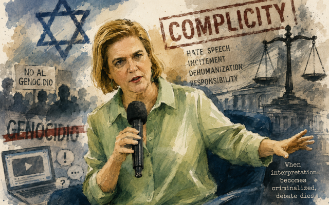Illustration by Yochanan Schimmelpfennig. AI-assisted editorial rendering of public speech, accusation, and the contested meaning of “complicity” in Europe’s debate over Israel.