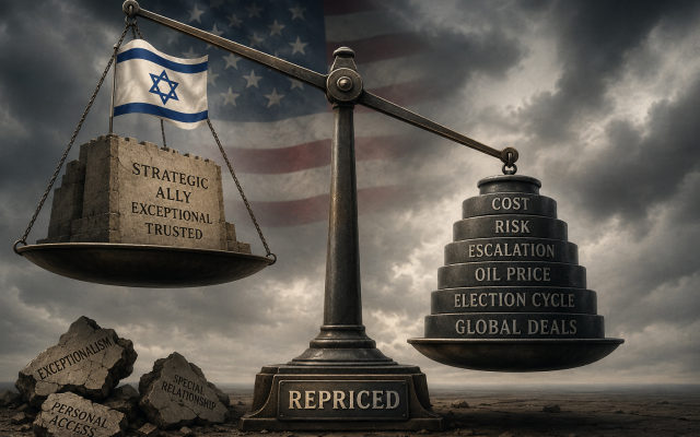 From exception to liability: the repricing of Israel in American strategic calculation. (Illustration for Yochanan Schimmelpfennig’s essay, Israel Was Not Betrayed. It Was Repriced.)