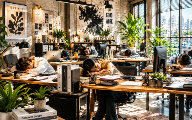 Office workers napping. (AI graphic by Marni Davimes).