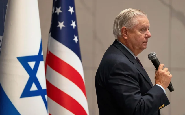 Republican US Senator Lindsey Graham of South Carolina speaks to the media in Tel Aviv, December 21, 2025. (AP/ Maya Levin)