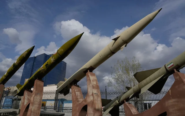 Illustrative: Domestically built Iranian missiles are displayed as part of a permanent exhibition in a recreational area of northern Tehran, Iran, March 24, 2026. (AP Photo/Vahid Salemi)