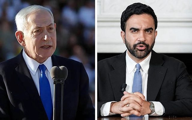 Left: Prime Minister Benjamin Netanyahu speaks at a cadets' graduation ceremony at the Bahad 1 officers' school in southern Israel, June 25, 2026. (Screenshot/Israel Defense Forces)
Right: New York Mayor Zohran Mamdani delivers a speech to mark the 250th anniversary of the United States at City Hall in New York on Friday July 3, 2026. (Anna Connors/The New York Times via AP, Pool)