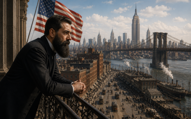 Theodor Herzl never witnessed the rise of American Jewry. This illustration imagines Herzl overlooking New York as the United States emerged as the most successful Diaspora community in Jewish history. (AI-generated illustration created with ChatGPT/OpenAI. Not a historical photograph.)