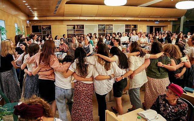 Women dance during Jerusalem Day at Lindenbaum Seminary in Jerusalem, on May 10, 2021. (Gershon Elinson/Flash90)