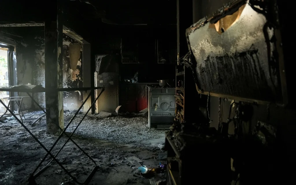 Destruction caused by Hamas terrorists in Kibbutz Holit on October 7, as seen on October 26, 2023. (Erik Marmor/Flash90)