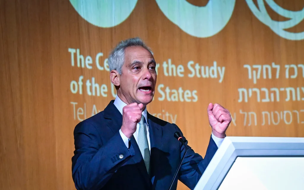 Former White House Chief of Staff Rahm Emanuel speaks during a conference at Tel Aviv University in Tel Aviv, July 8, 2026. (Avshalom Sassoni/Flash90)