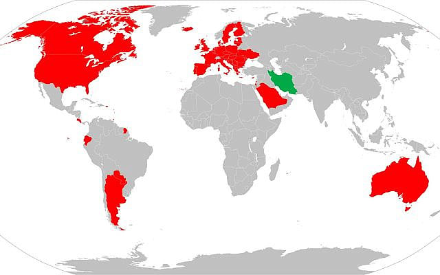 Countries and international bodies that have designated the IRGC as a terrorist organization or entity are shown in red; Iran is highlighted in green. Image © The Account 2, 2026. Licensed under CC BY 4.0.
