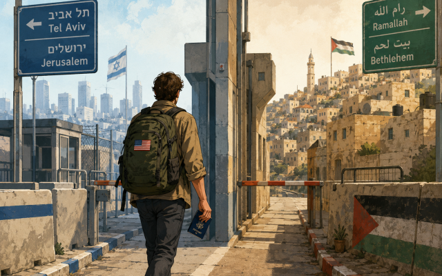 An American traveler crosses from Israel into the West Bank with a passport, a backpack, and freedoms unavailable to many people born there. For outsiders, the land can appear continuous and open; for Israelis and Palestinians, laws, permits, checkpoints, walls, and military zones divide the geography into separate worlds. (AI-generated).